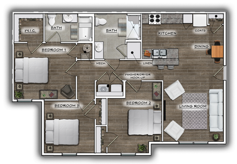 Floor plan for 3 beds, 2 baths, 1114 sqft
